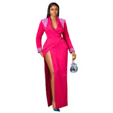 Rose Red Suit Collar Deep V Split High Waist Dress - kinko